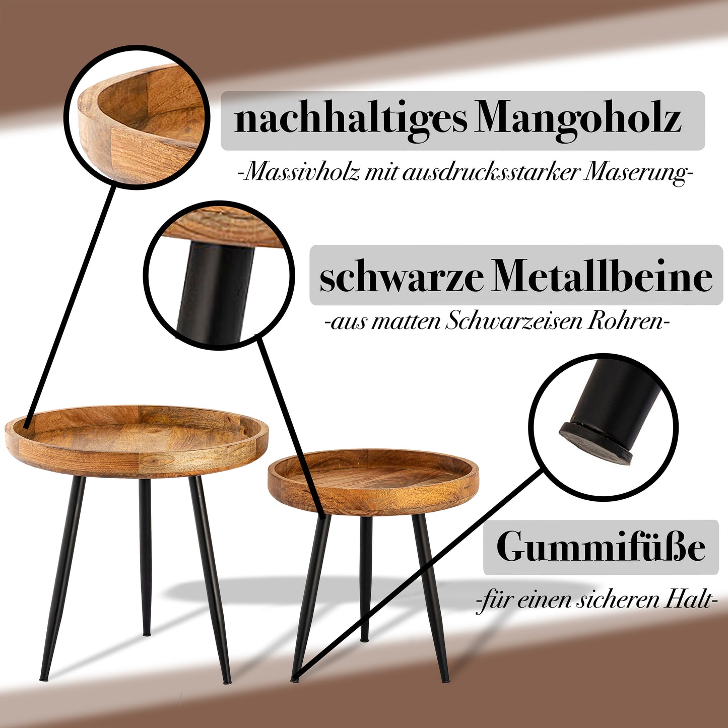 Massivholz Couchtisch | Beistelltisch Rund aus Holz mit Maserung
