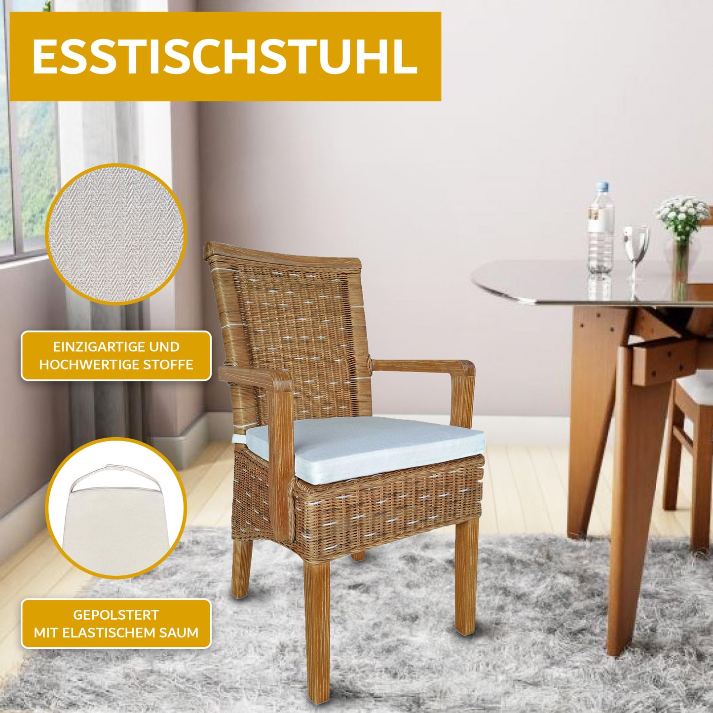 Rattan Esszimmerstuhl "Arvion" mit Armlehne | ELYFLAIR®