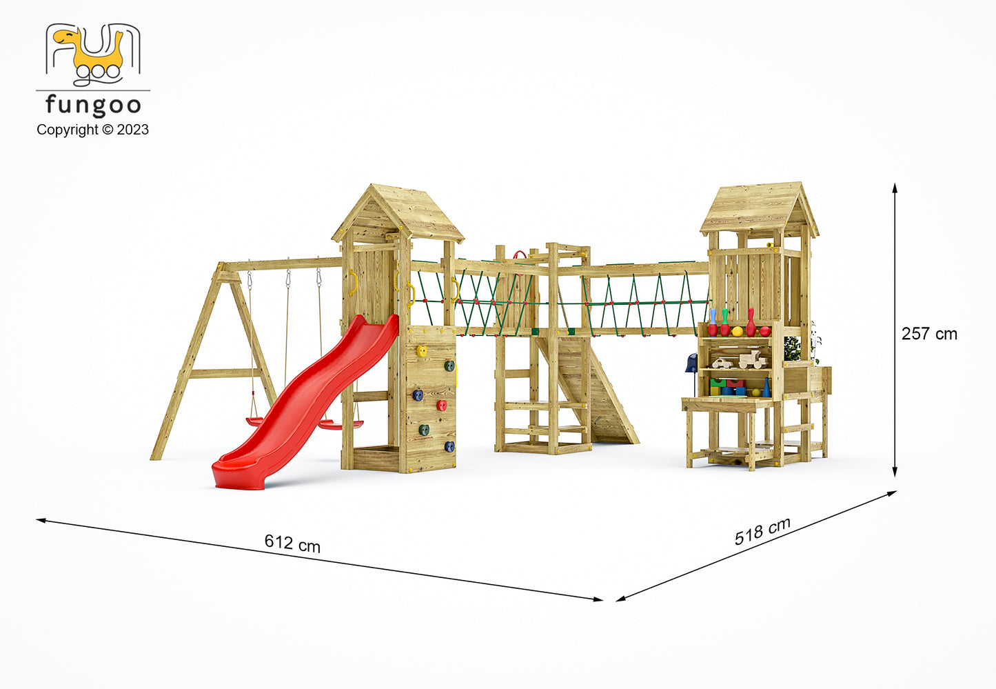 FUNGOO Spielturm mit Rutsche, Schaukel und Kletterwand | MAXI FUNNY