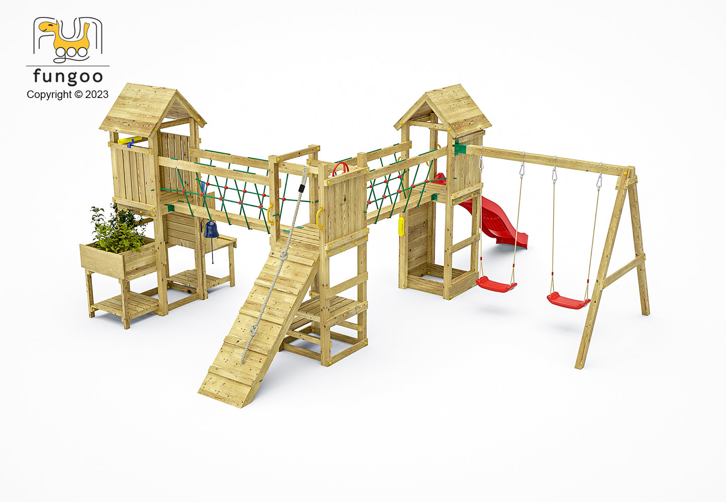 FUNGOO Spielturm mit Rutsche, Schaukel und Kletterwand | MAXI FUNNY
