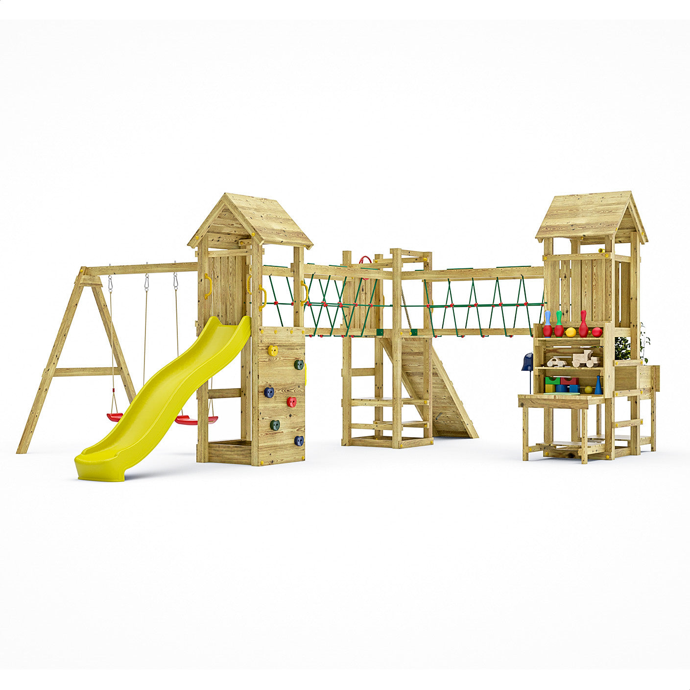 FUNGOO Spielturm mit Rutsche, Schaukel und Kletterwand | MAXI FUNNY
