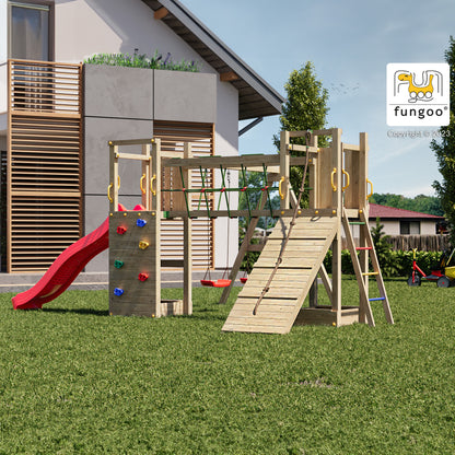 FUNGOO Spielturm mit Rutsche, Schaukel und Kletterwand | MAXI FUNNY Exposure