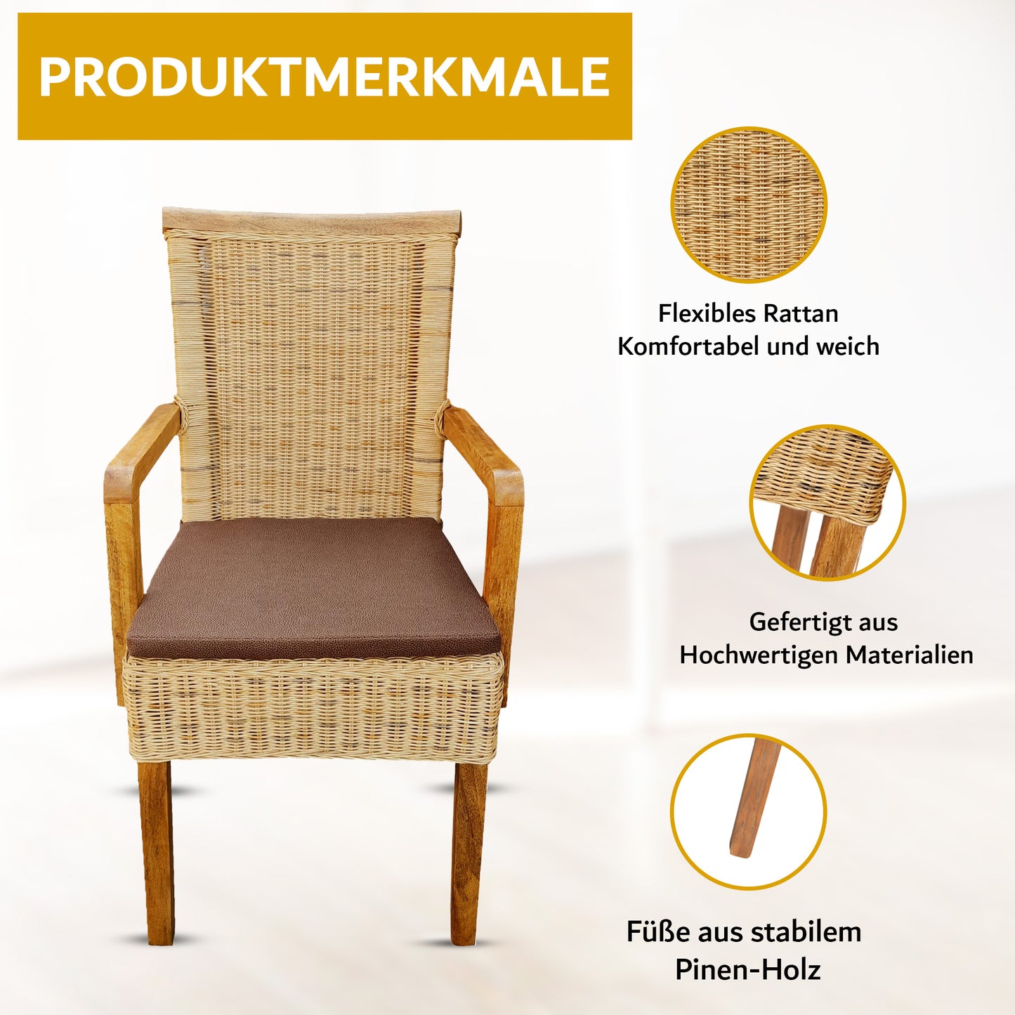 Rattan Esszimmerstuhl "Tobacco" mit Armlehne | ELYFLAIR®