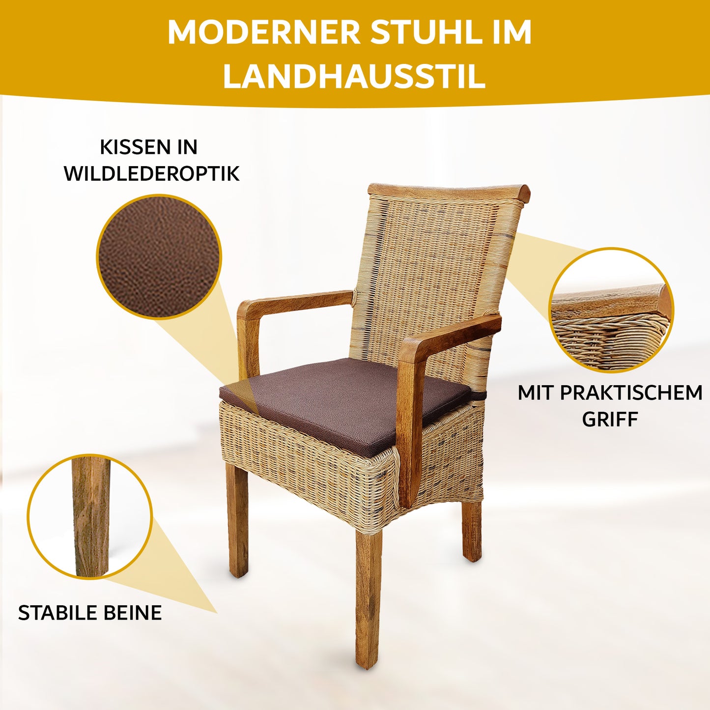 Rattan Esszimmerstuhl "Tobacco" mit Armlehne | ELYFLAIR®