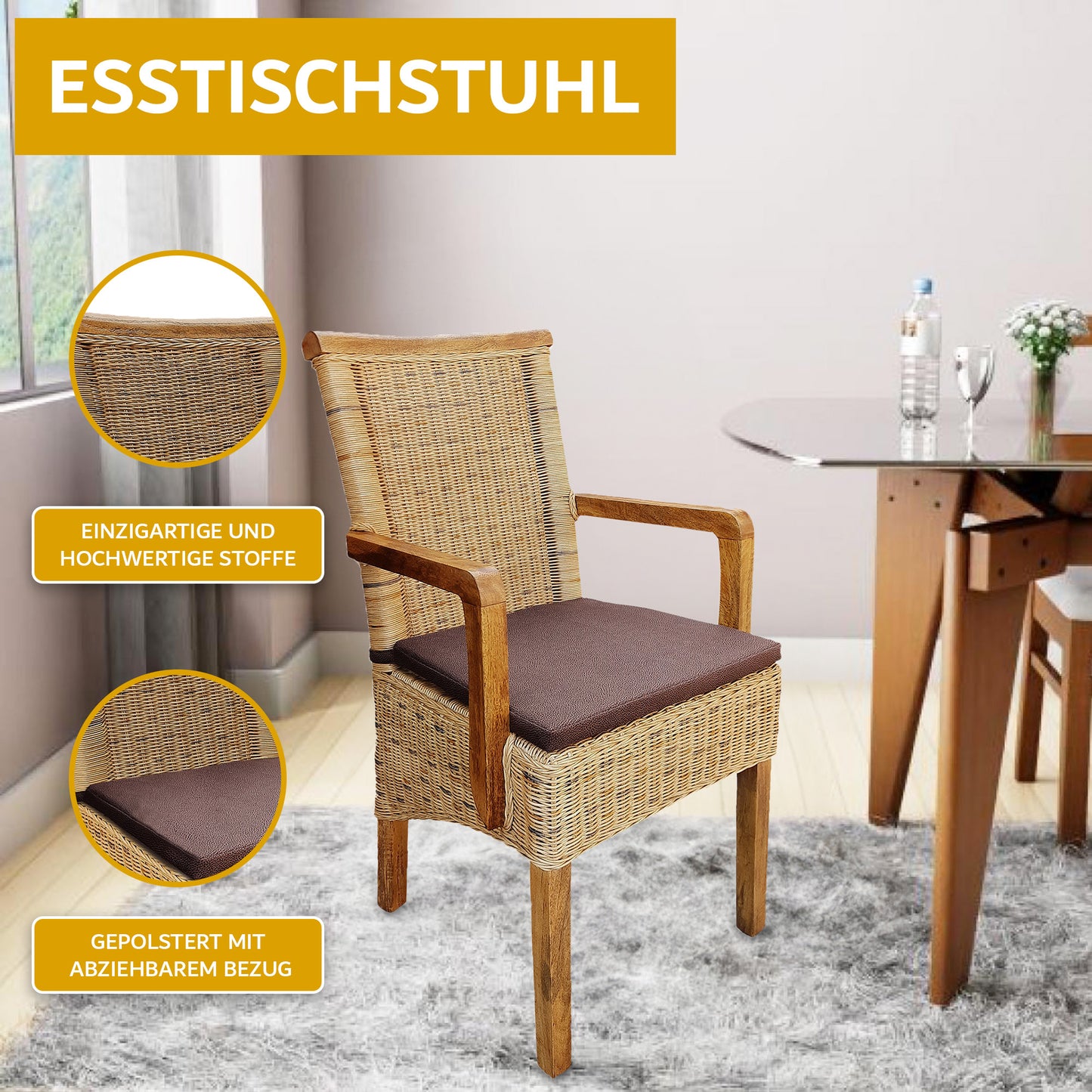 Rattan Esszimmerstuhl "Tobacco" mit Armlehne | ELYFLAIR®