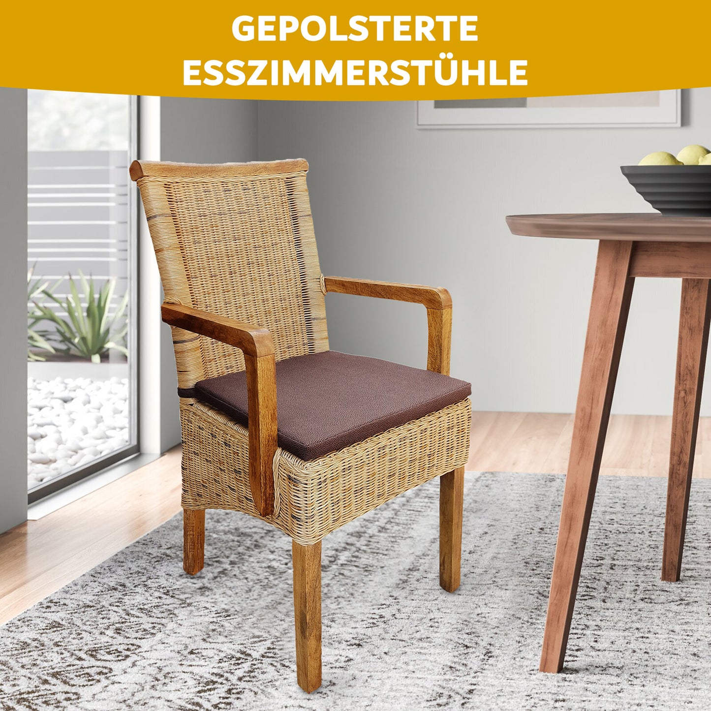 Rattan Esszimmerstuhl "Tobacco" mit Armlehne | ELYFLAIR®