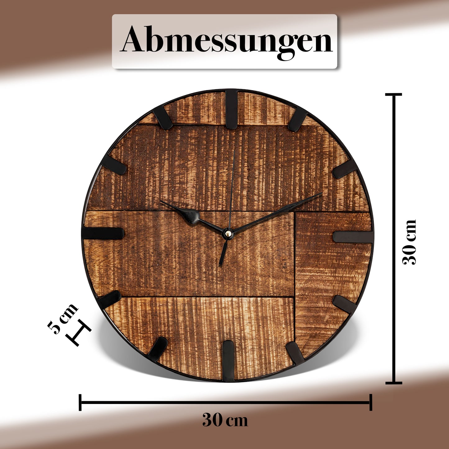 Retro Wanduhr Mangoholz | Lautlos, Vintage Holz-Design