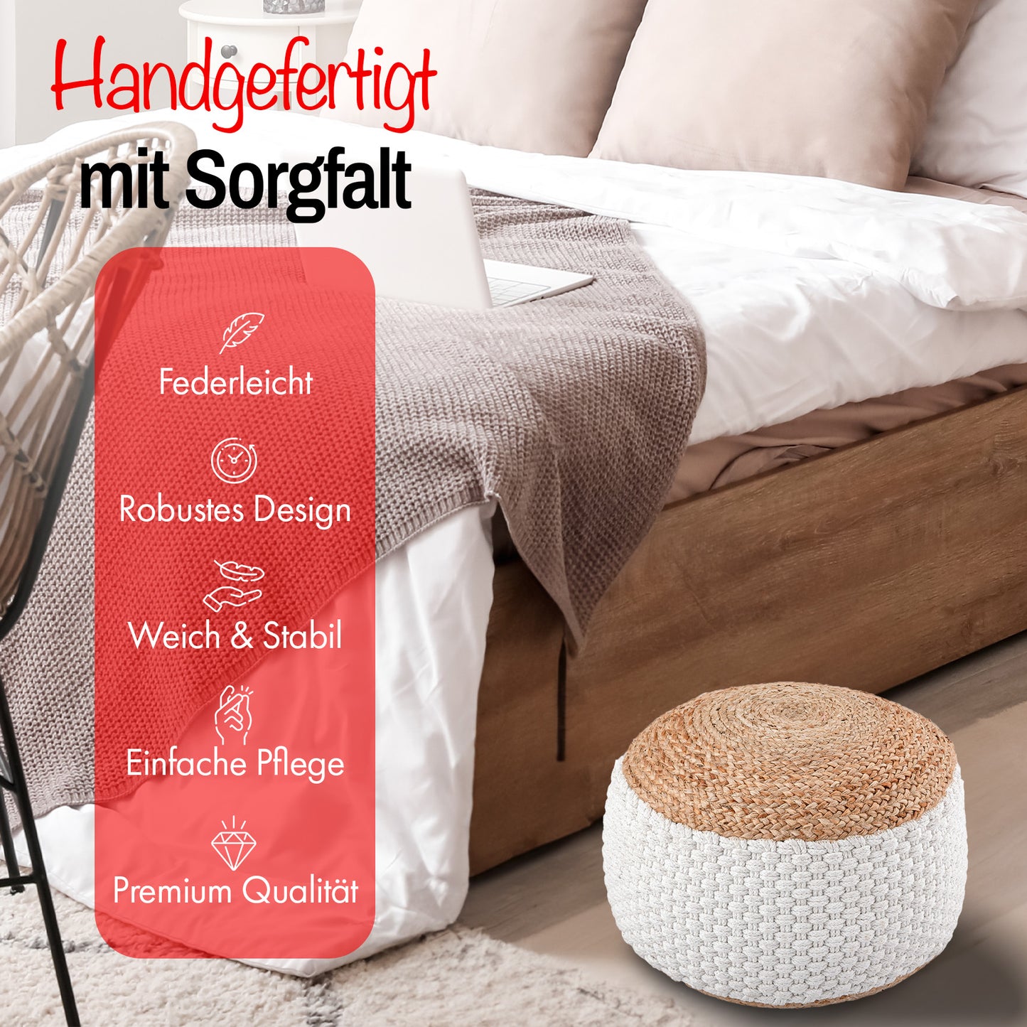 Hangeknüpfter Jute-Hocker | ELYFLAIR®