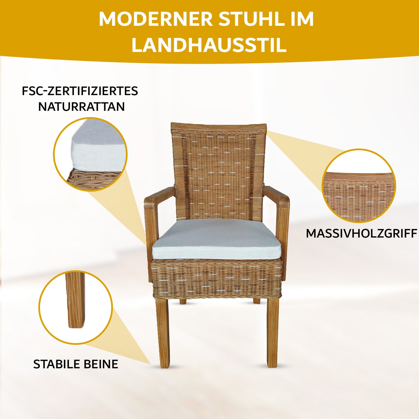 Rattan Esszimmerstuhl "Arvion" mit Armlehne | ELYFLAIR®