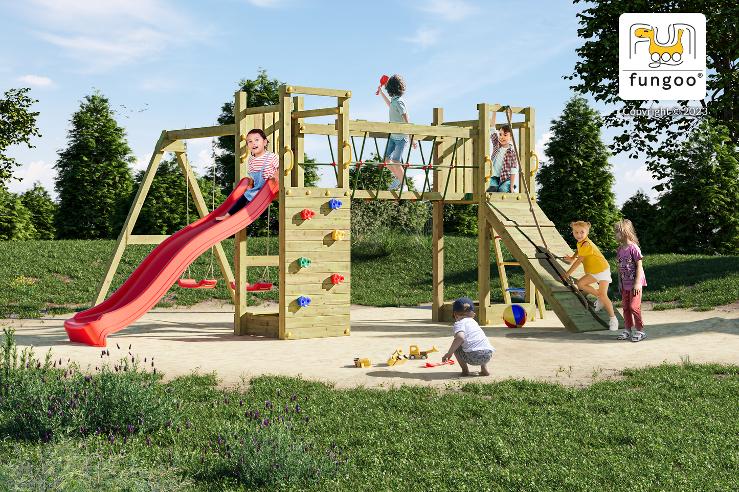FUNGOO Spielturm mit Rutsche, Schaukel und Kletterwand | MAXI FUNNY Exposure