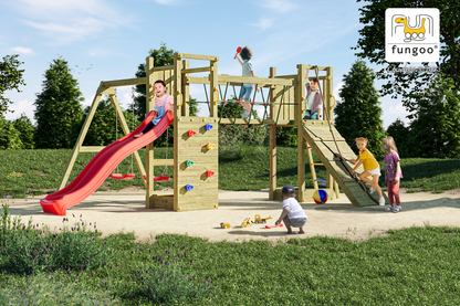 FUNGOO Spielturm mit Rutsche, Schaukel und Kletterwand | MAXI FUNNY Exposure