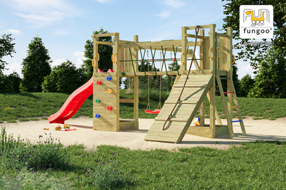 FUNGOO Spielturm mit Rutsche, Schaukel und Kletterwand | MAXI FUNNY Exposure