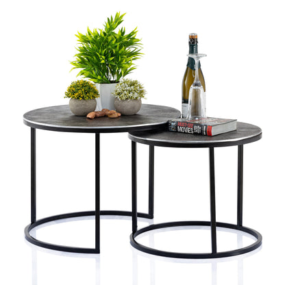 Elegantes Couchtisch-Set aus silbernem Metall mit zwei Größen, 55 cm und 45 cm Durchmesser, ideal für moderne Wohnzimmer.