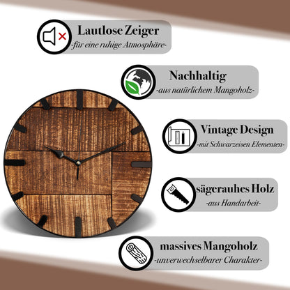 Retro Wanduhr Mangoholz | Lautlos, Vintage Holz-Design