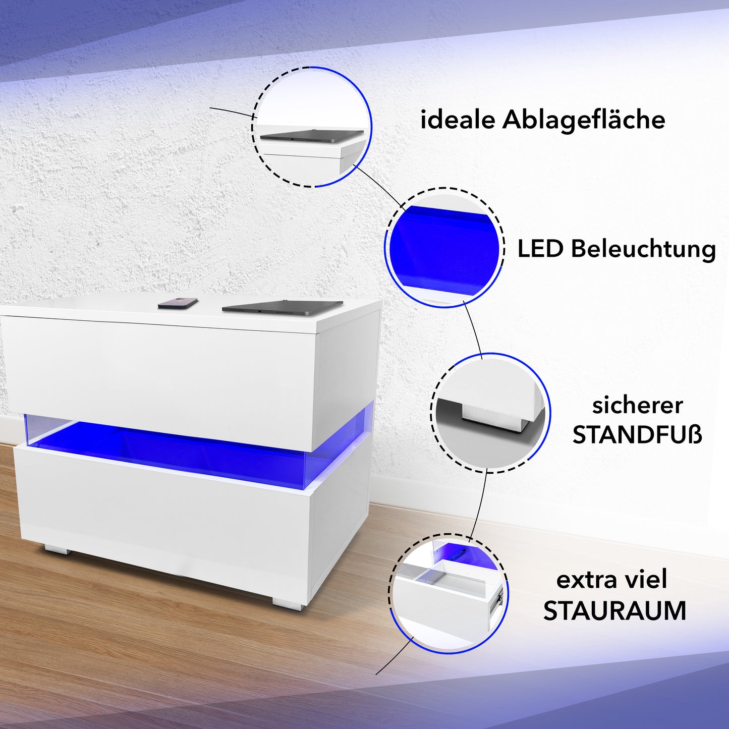 Nachttisch Hochglanz | 2 Schubladen & LED Beleuchtung