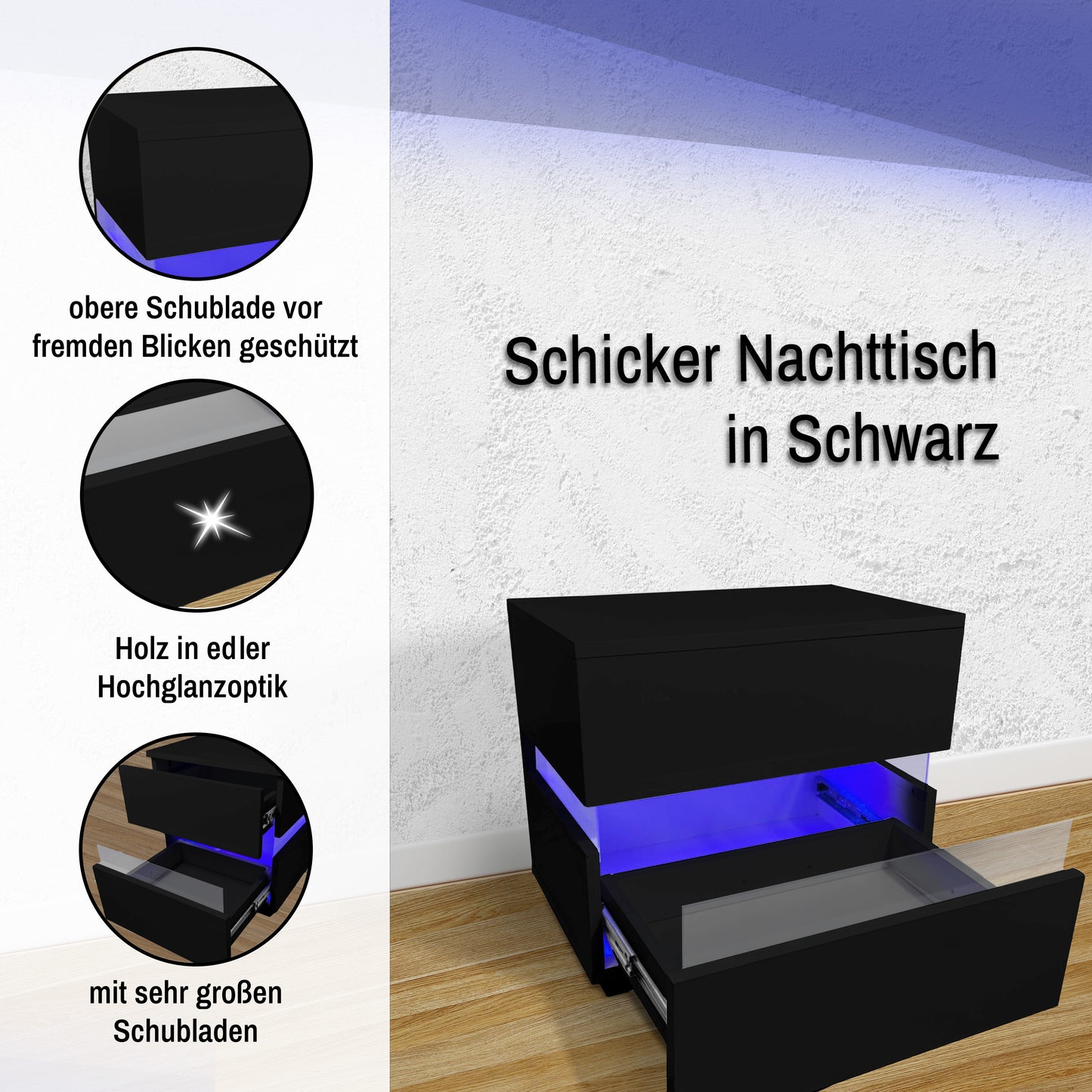 Nachttisch Hochglanz | 2 Schubladen & LED Beleuchtung