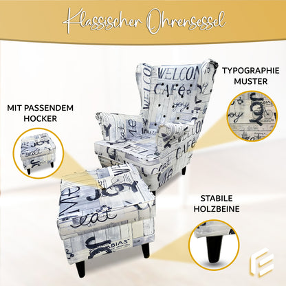 Designer Ohrensessel mit Hocker | Typografie-Look | ELYFLAIR®