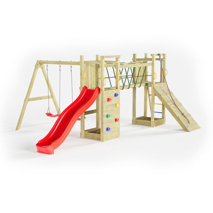FUNGOO Spielturm mit Rutsche, Schaukel und Kletterwand | MAXI FUNNY Exposure