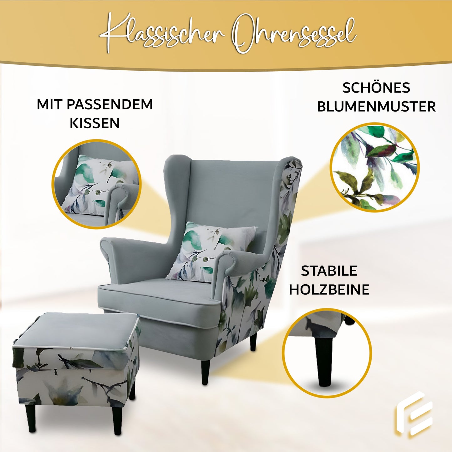 Botanique Sessel mit Hocker | botanischer Look | ELYFLAIR®